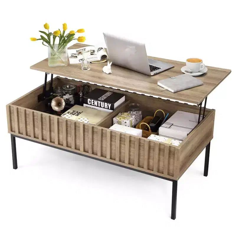 Table basse, Table basse relevable avec étagère de rangement et compartiment caché