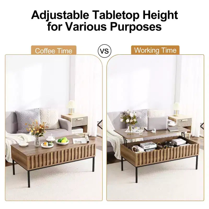 Table basse, Table basse relevable avec étagère de rangement et compartiment caché