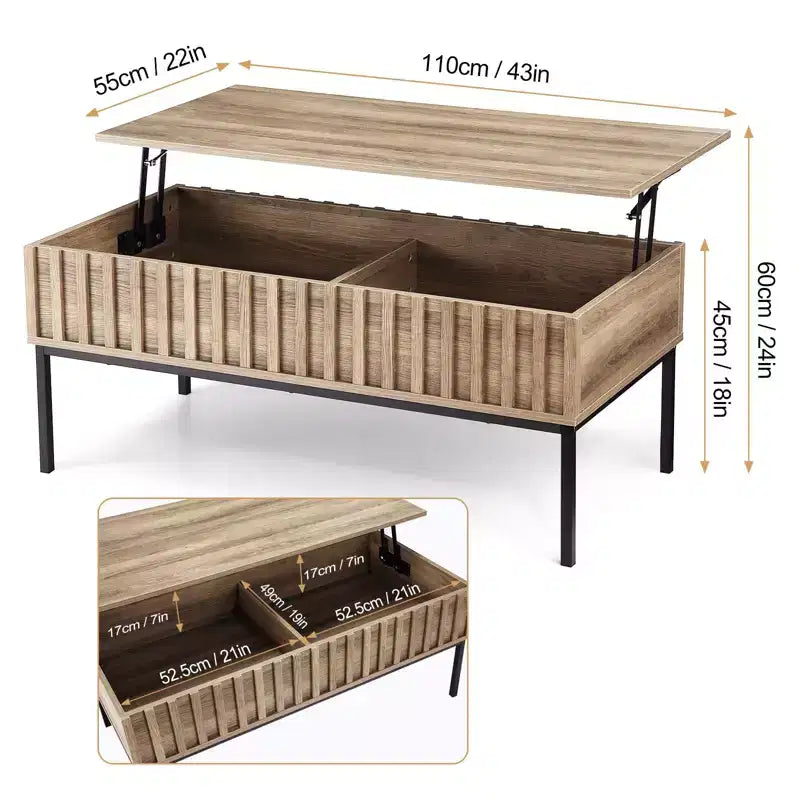 Table basse, Table basse relevable avec étagère de rangement et compartiment caché