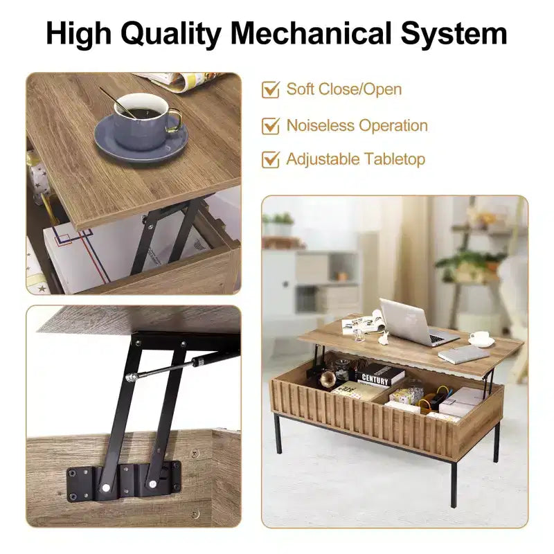 Table basse, Table basse relevable avec étagère de rangement et compartiment caché
