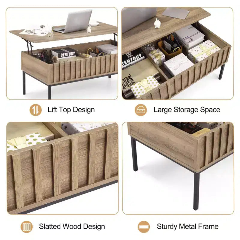 Table basse, Table basse relevable avec étagère de rangement et compartiment caché