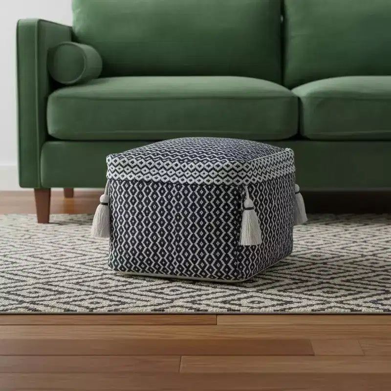 Pouf ottoman géométrique en coton bleu
