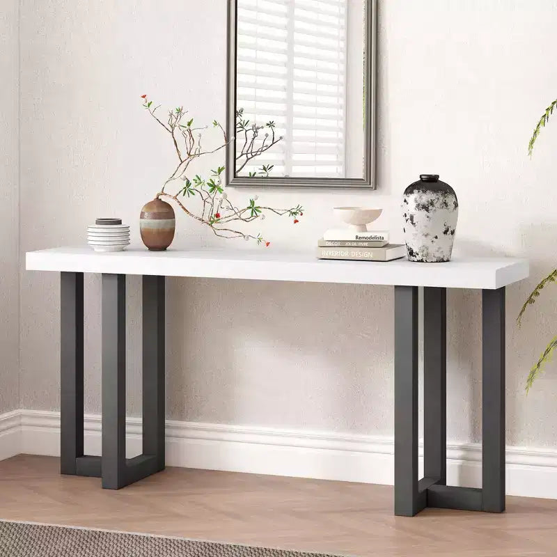 Console avec pieds en bois massif, Table d'entrée élégante avec plateau épais