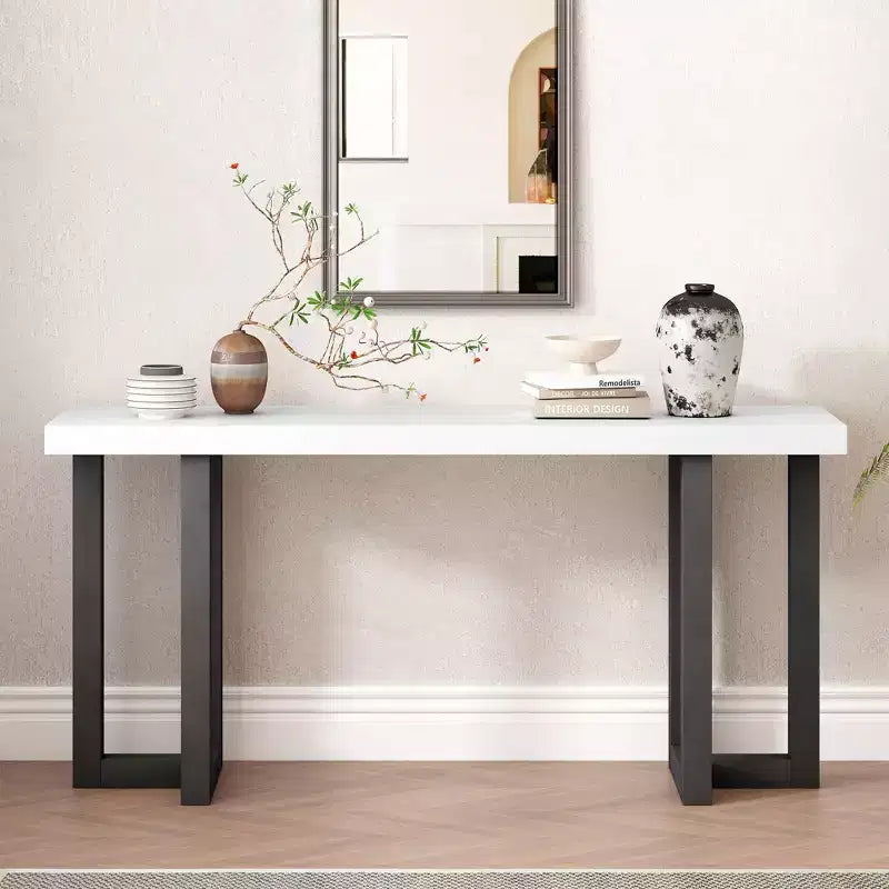 Console avec pieds en bois massif, Table d'entrée élégante avec plateau épais