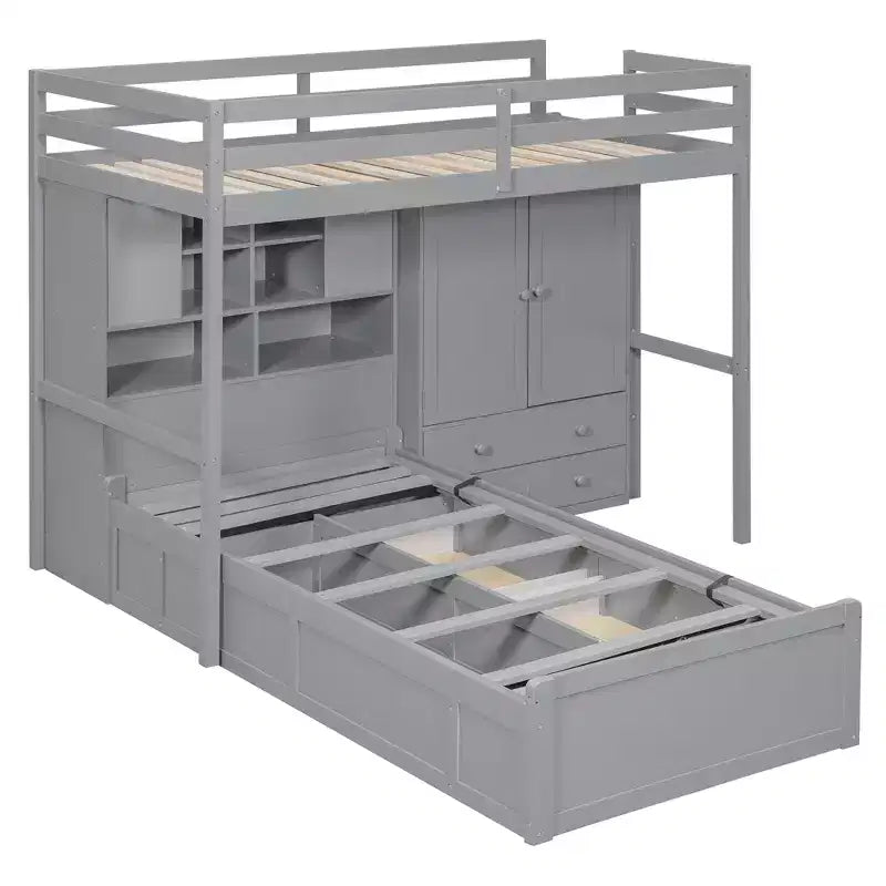 Lit superposé jumeau avec armoire et tiroirs, Cadre de lit mezzanine avec étagères de rangement