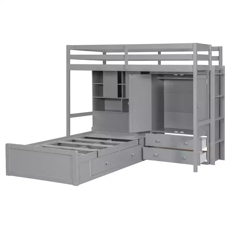Lit superposé jumeau avec armoire et tiroirs, Cadre de lit mezzanine avec étagères de rangement