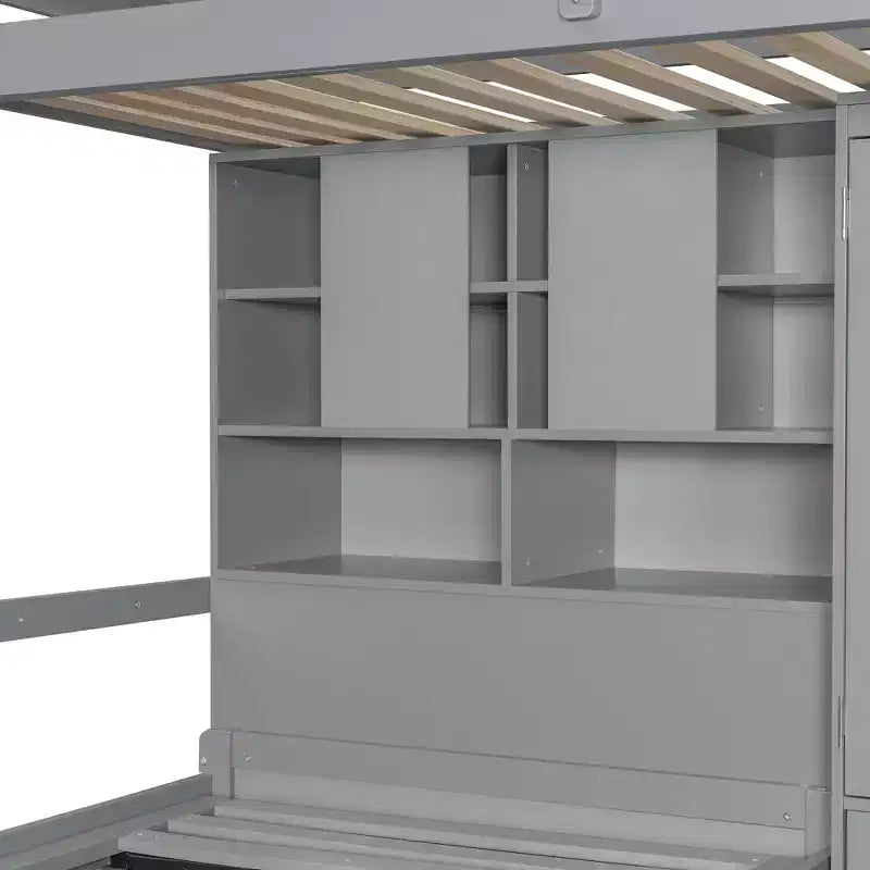 Lit superposé jumeau avec armoire et tiroirs, Cadre de lit mezzanine avec étagères de rangement