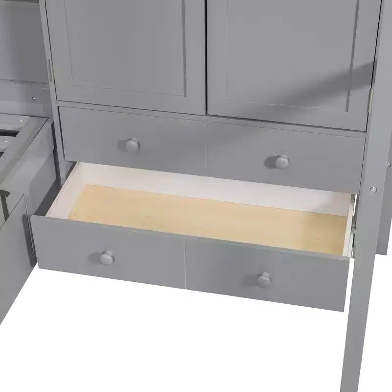 Lit superposé jumeau avec armoire et tiroirs, Cadre de lit mezzanine avec étagères de rangement