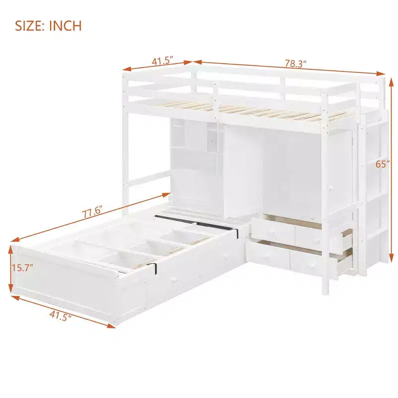 Lit superposé jumeau avec armoire et tiroirs, Cadre de lit mezzanine avec étagères de rangement