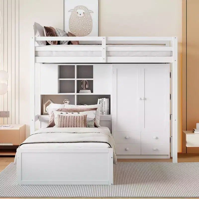 Lit superposé jumeau avec armoire et tiroirs, Cadre de lit mezzanine avec étagères de rangement