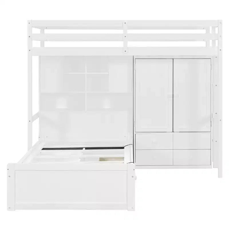 Lit superposé jumeau avec armoire et tiroirs, Cadre de lit mezzanine avec étagères de rangement