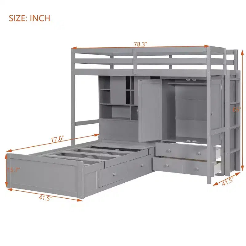 Lit superposé jumeau avec armoire et tiroirs, Cadre de lit mezzanine avec étagères de rangement