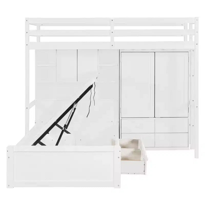 Lit superposé jumeau avec armoire et tiroirs, Cadre de lit mezzanine avec étagères de rangement