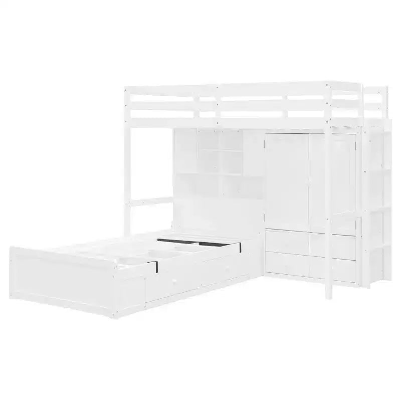 Lit superposé jumeau avec armoire et tiroirs, Cadre de lit mezzanine avec étagères de rangement
