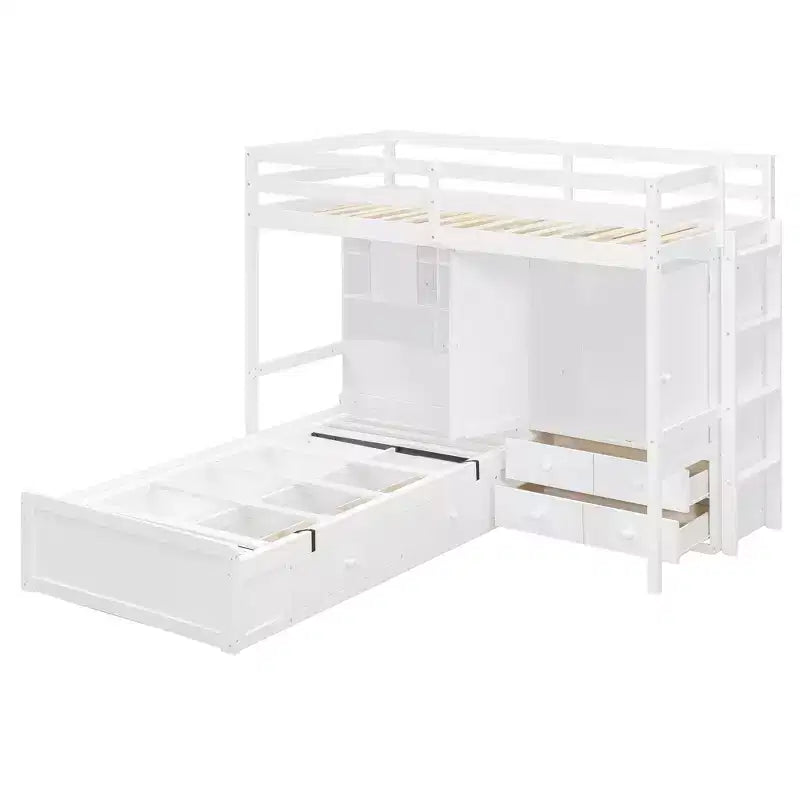 Lit superposé jumeau avec armoire et tiroirs, Cadre de lit mezzanine avec étagères de rangement