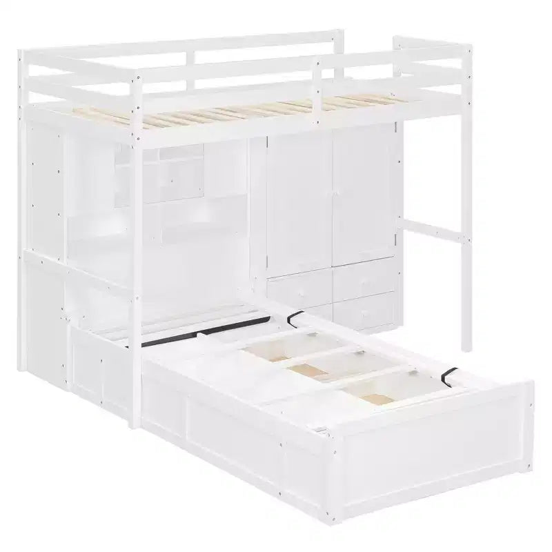 Lit superposé jumeau avec armoire et tiroirs, Cadre de lit mezzanine avec étagères de rangement