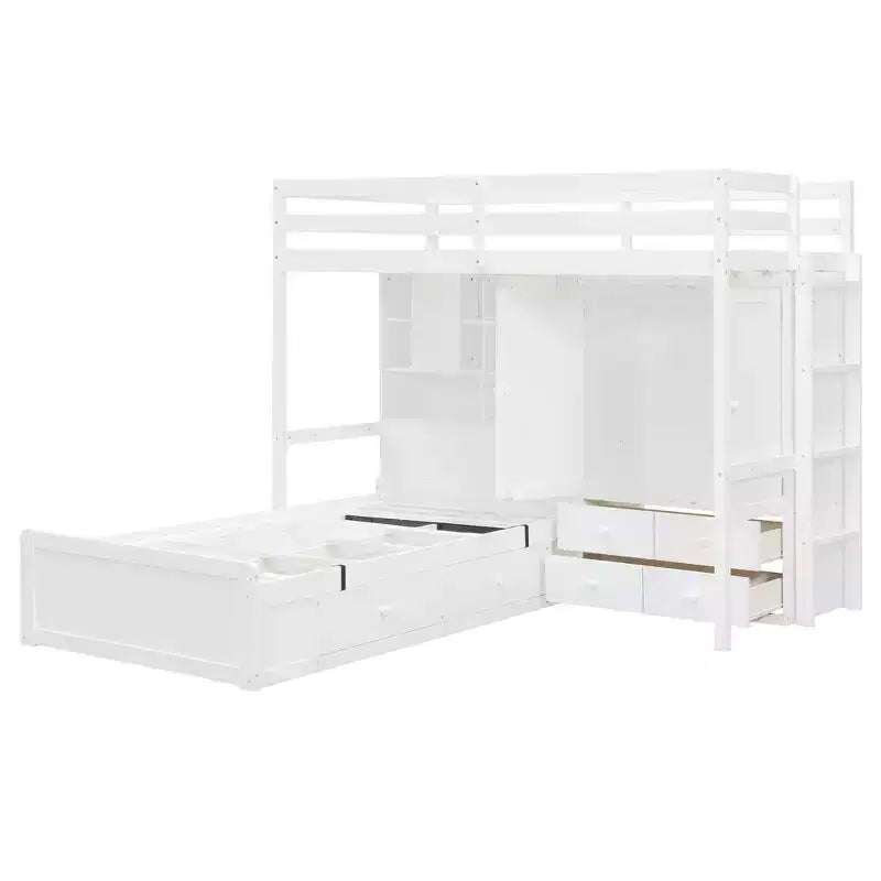 Lit superposé jumeau avec armoire et tiroirs, Cadre de lit mezzanine avec étagères de rangement
