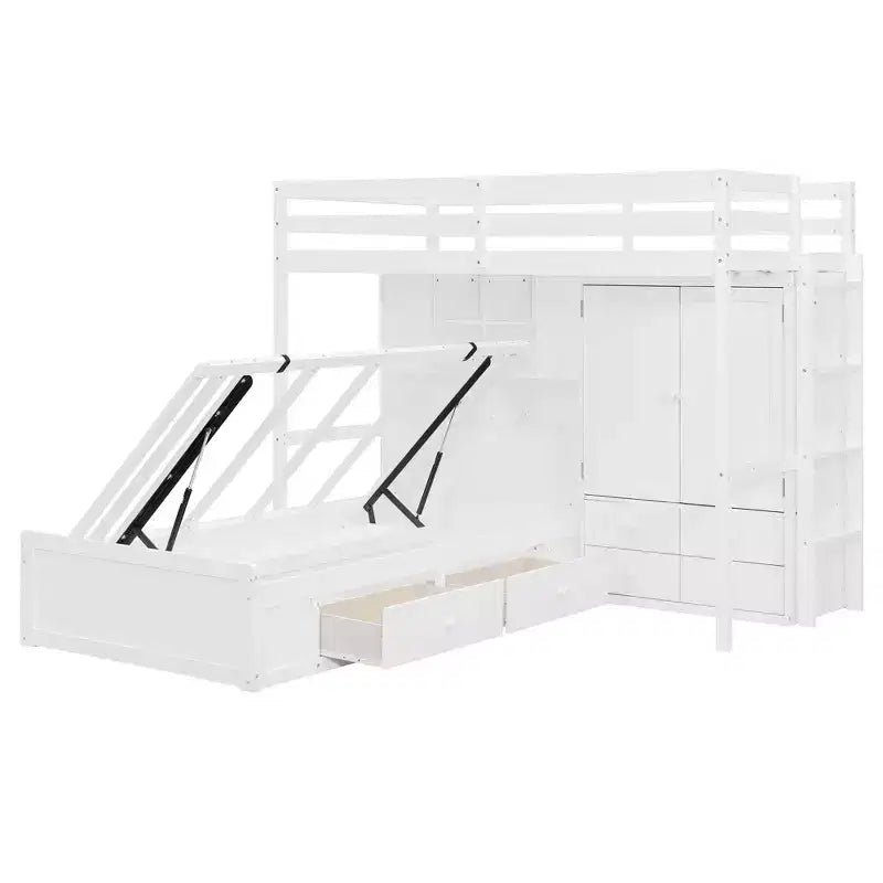 Lit superposé jumeau avec armoire et tiroirs, Cadre de lit mezzanine avec étagères de rangement