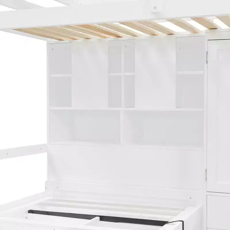 Lit superposé jumeau avec armoire et tiroirs, Cadre de lit mezzanine avec étagères de rangement