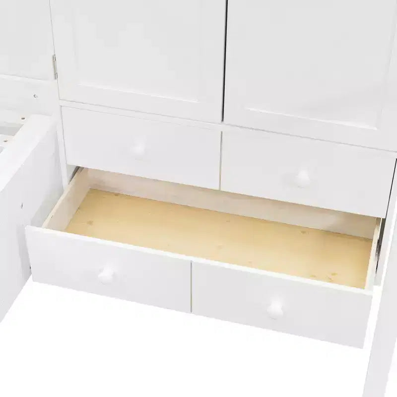 Lit superposé jumeau avec armoire et tiroirs, Cadre de lit mezzanine avec étagères de rangement