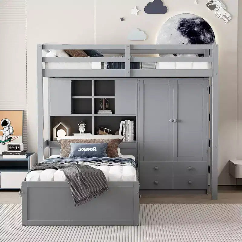 Lit superposé jumeau avec armoire et tiroirs, Cadre de lit mezzanine avec étagères de rangement