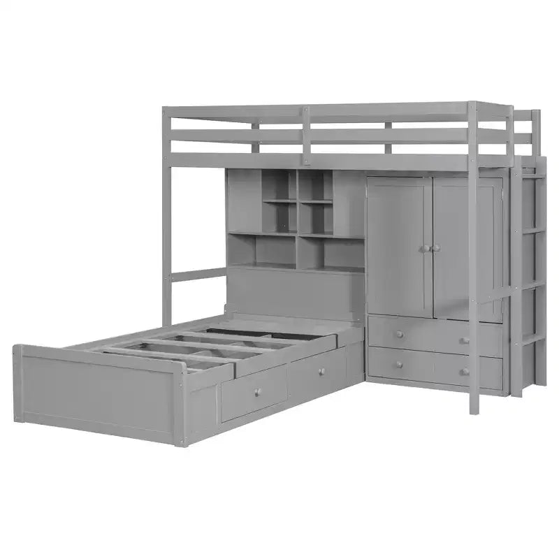 Lit superposé jumeau avec armoire et tiroirs, Cadre de lit mezzanine avec étagères de rangement