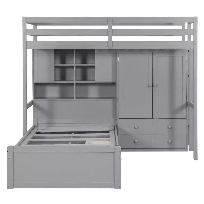 Lit superposé jumeau avec armoire et tiroirs, Cadre de lit mezzanine avec étagères de rangement