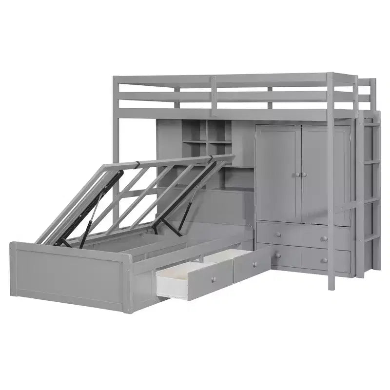 Lit superposé jumeau avec armoire et tiroirs, Cadre de lit mezzanine avec étagères de rangement