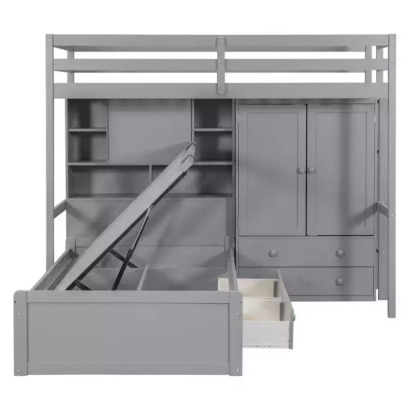 Lit superposé jumeau avec armoire et tiroirs, Cadre de lit mezzanine avec étagères de rangement