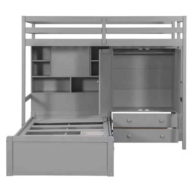Lit superposé jumeau avec armoire et tiroirs, Cadre de lit mezzanine avec étagères de rangement