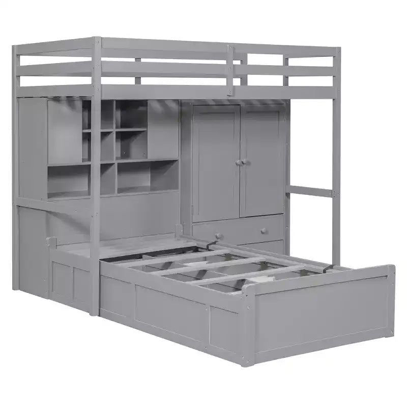 Lit superposé jumeau avec armoire et tiroirs, Cadre de lit mezzanine avec étagères de rangement