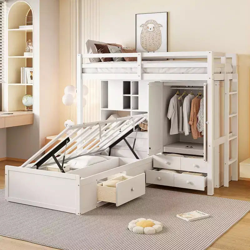 Lit superposé jumeau avec armoire et tiroirs, Cadre de lit mezzanine avec étagères de rangement