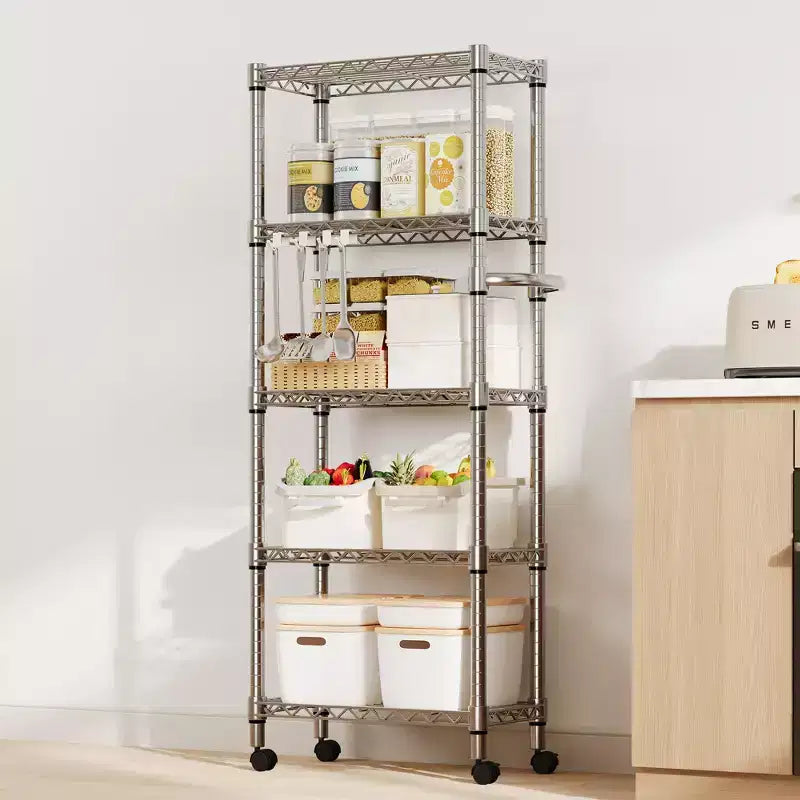 Étagère métallique à 5 niveaux avec roues, organisateur de rangement en fil métallique robuste