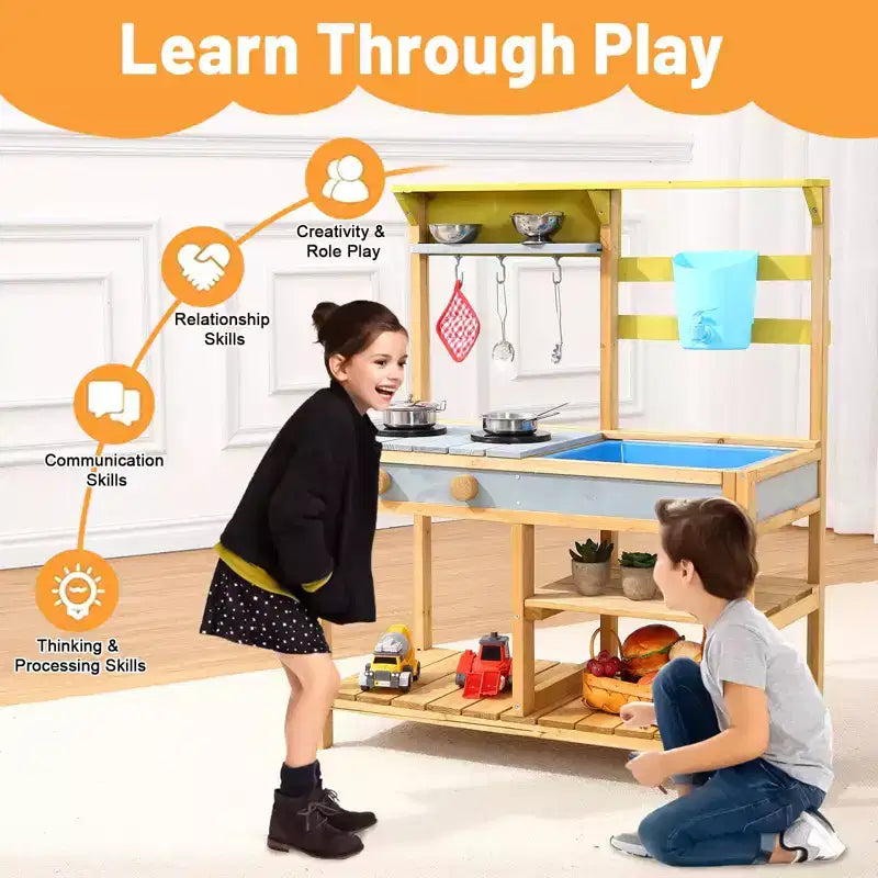 Cuisine de boue pour enfants, cuisine de jeu en bois d'extérieur