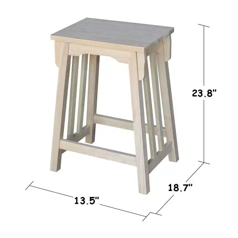 Tabouret de bar hauteur comptoir en bois d'hévéa massif, assise rectangulaire