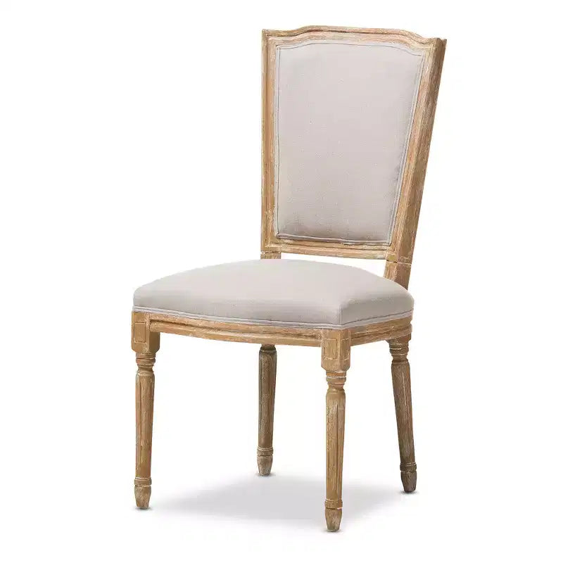 Cadencia French Vintage Cottage Weathered Oak & Beige Linen Chair - Baxton Studio: No Assembly, Solid Hardwood
