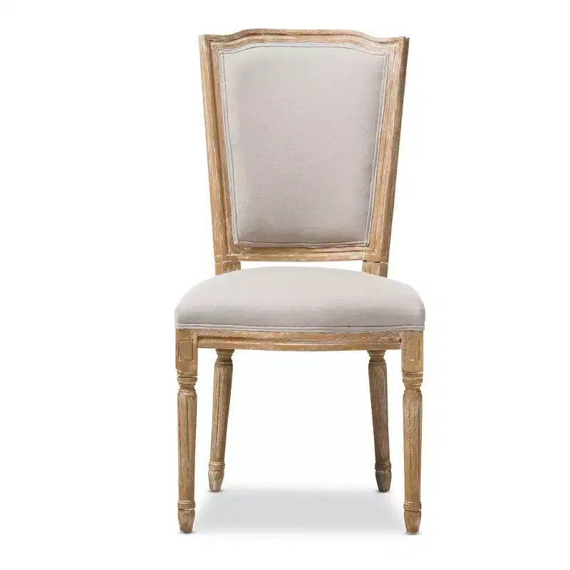Chaise de style cottage français en chêne vieilli et lin beige