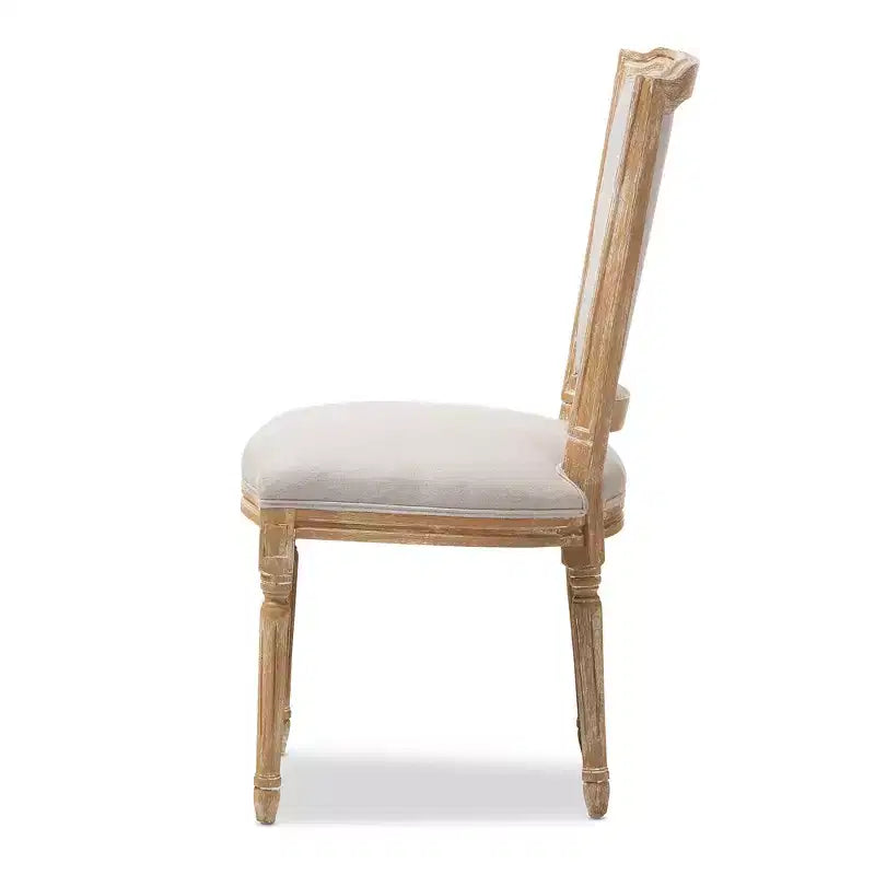 Chaise de style cottage français en chêne vieilli et lin beige