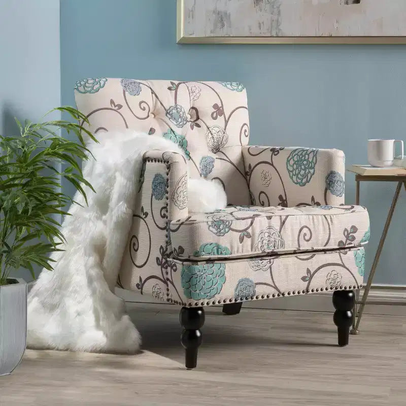 Christopher Knight Home Harrison Tufted Club Chair - White/Blue: Upholstered Accent, Floral Pattern, Hardwood Frame