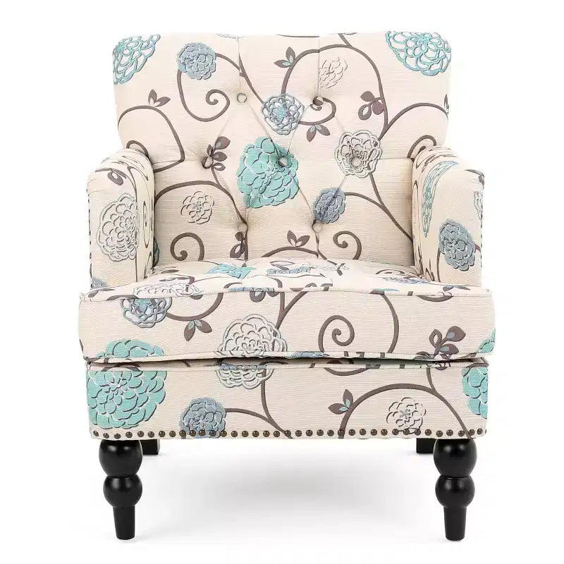 Fauteuil club capitonné – Blanc/Bleu : Accent rembourré, motif floral