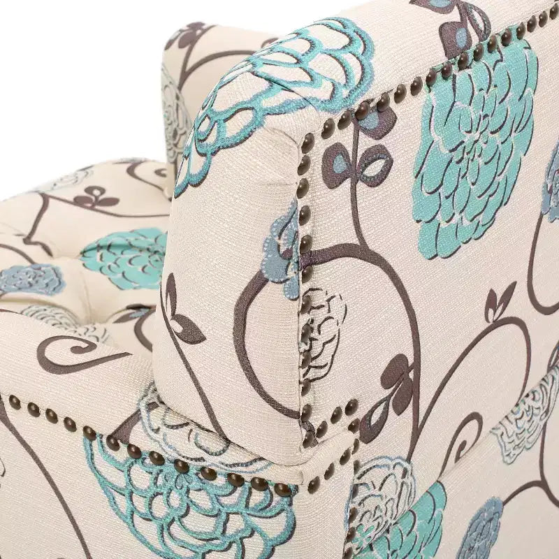 Fauteuil club capitonné – Blanc/Bleu : Accent rembourré, motif floral