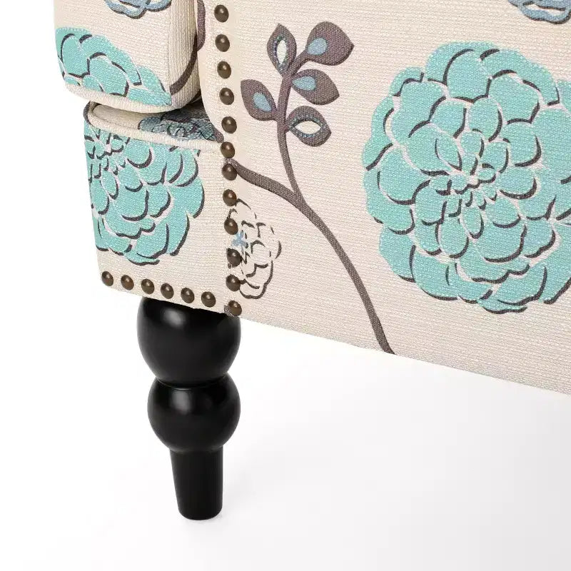 Fauteuil club capitonné – Blanc/Bleu : Accent rembourré, motif floral