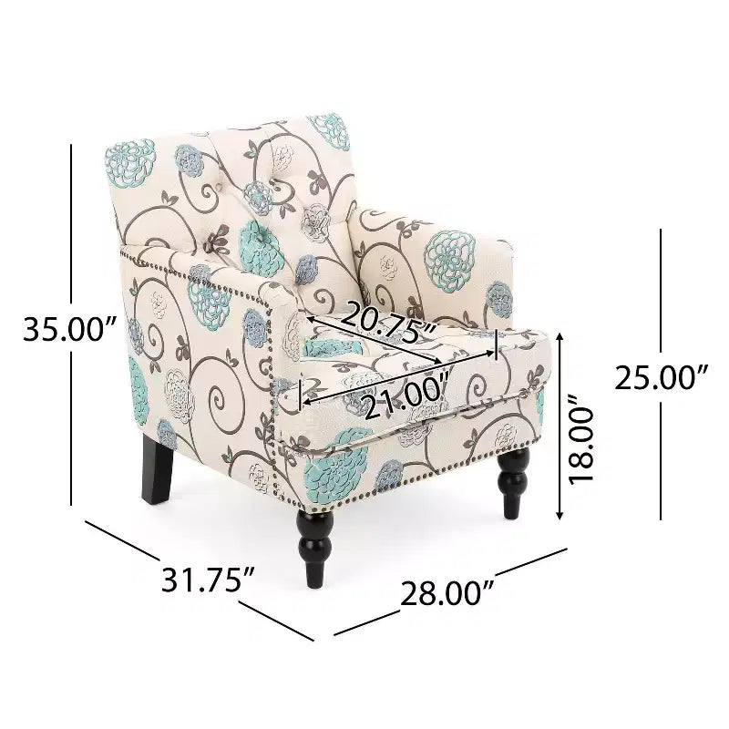 Fauteuil club capitonné – Blanc/Bleu : Accent rembourré, motif floral
