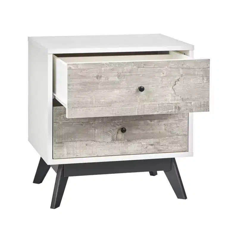 Table de chevet 2 tiroirs style Mid-Century Blanc/Gris patiné