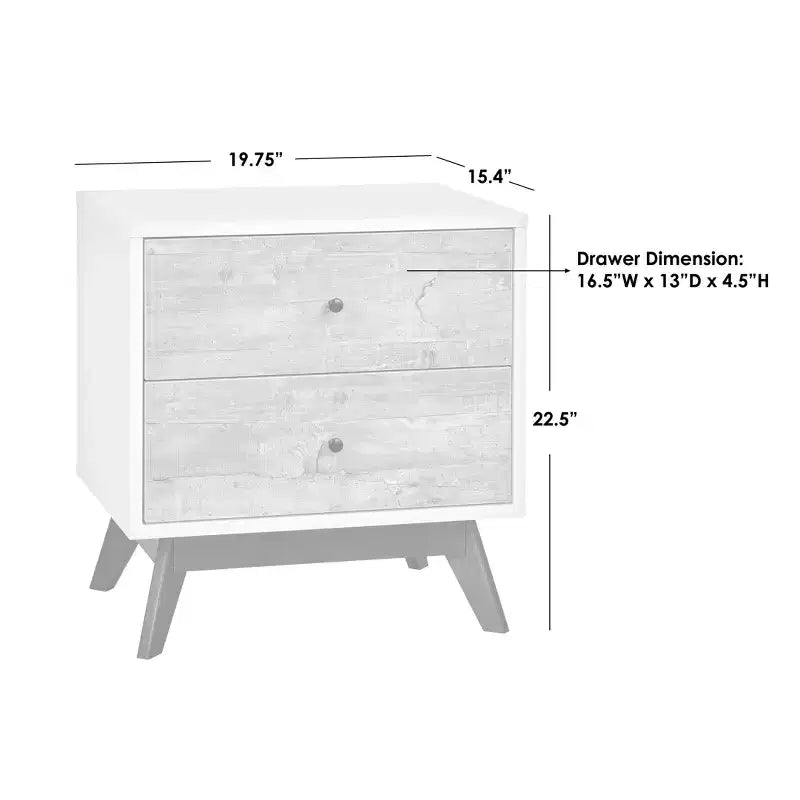 Table de chevet 2 tiroirs style Mid-Century Blanc/Gris patiné
