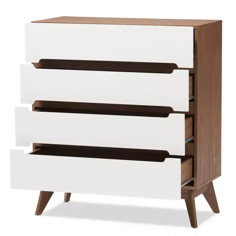 Commode de rangement à 4 tiroirs en bois, style Mid-Century Modern, couleur marron