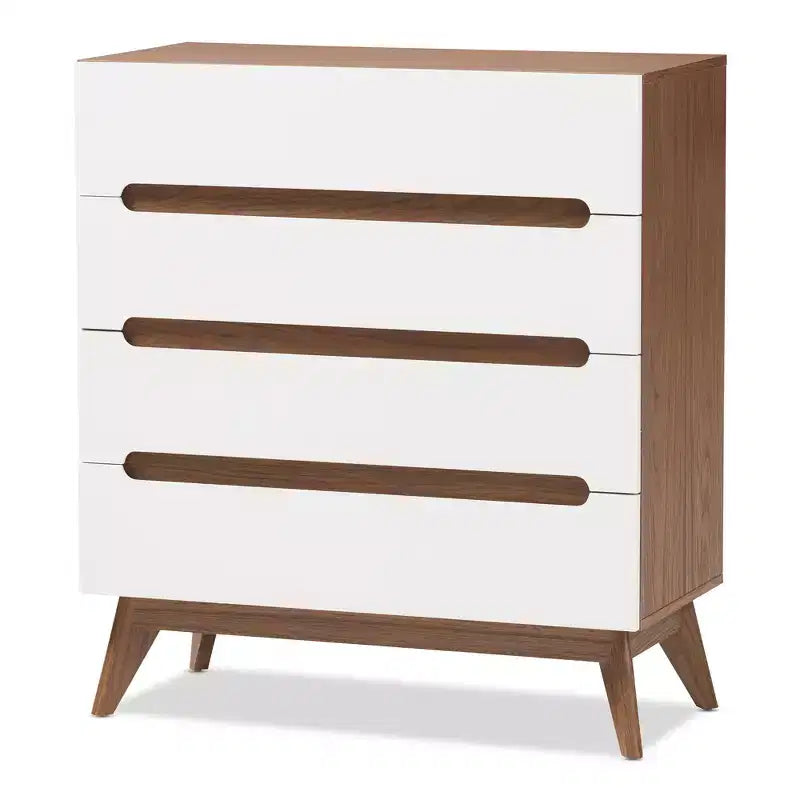 Commode de rangement à 4 tiroirs en bois, style Mid-Century Modern, couleur marron