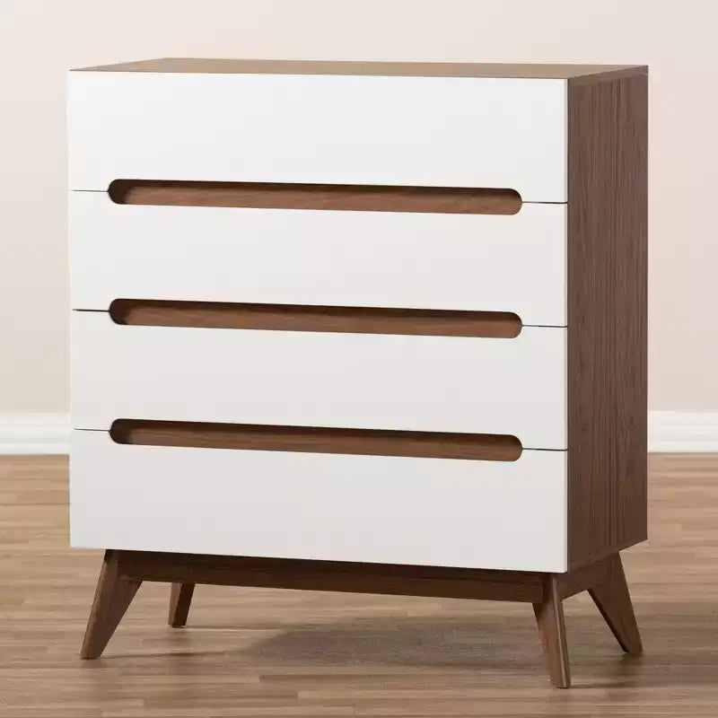 Commode de rangement à 4 tiroirs en bois, style Mid-Century Modern, couleur marron