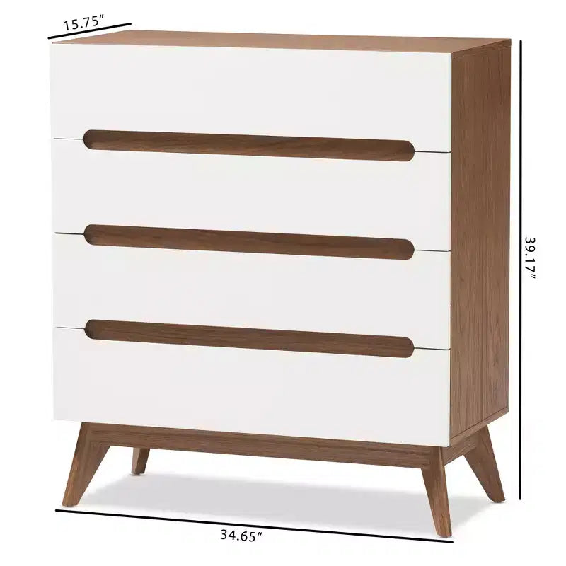 Commode de rangement à 4 tiroirs en bois, style Mid-Century Modern, couleur marron