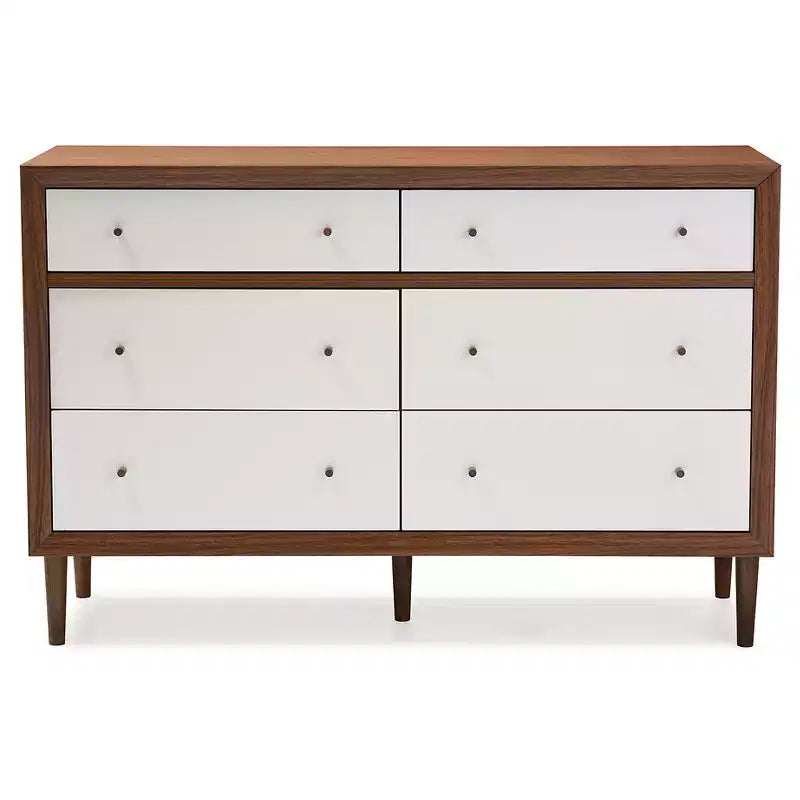 Commode de rangement moderne en bois de style Mid-Century à 6 tiroirs Blanc/Noyer